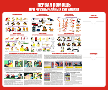 С19 Стенд первая помощь (при чрезвычайных ситуациях) (1200х1000 мм, карманы, пластик ПВХ 3 мм, алюминиевый багет серебряного цвета) - Стенды - Стенды по первой медицинской помощи - магазин "Охрана труда и Техника безопасности"